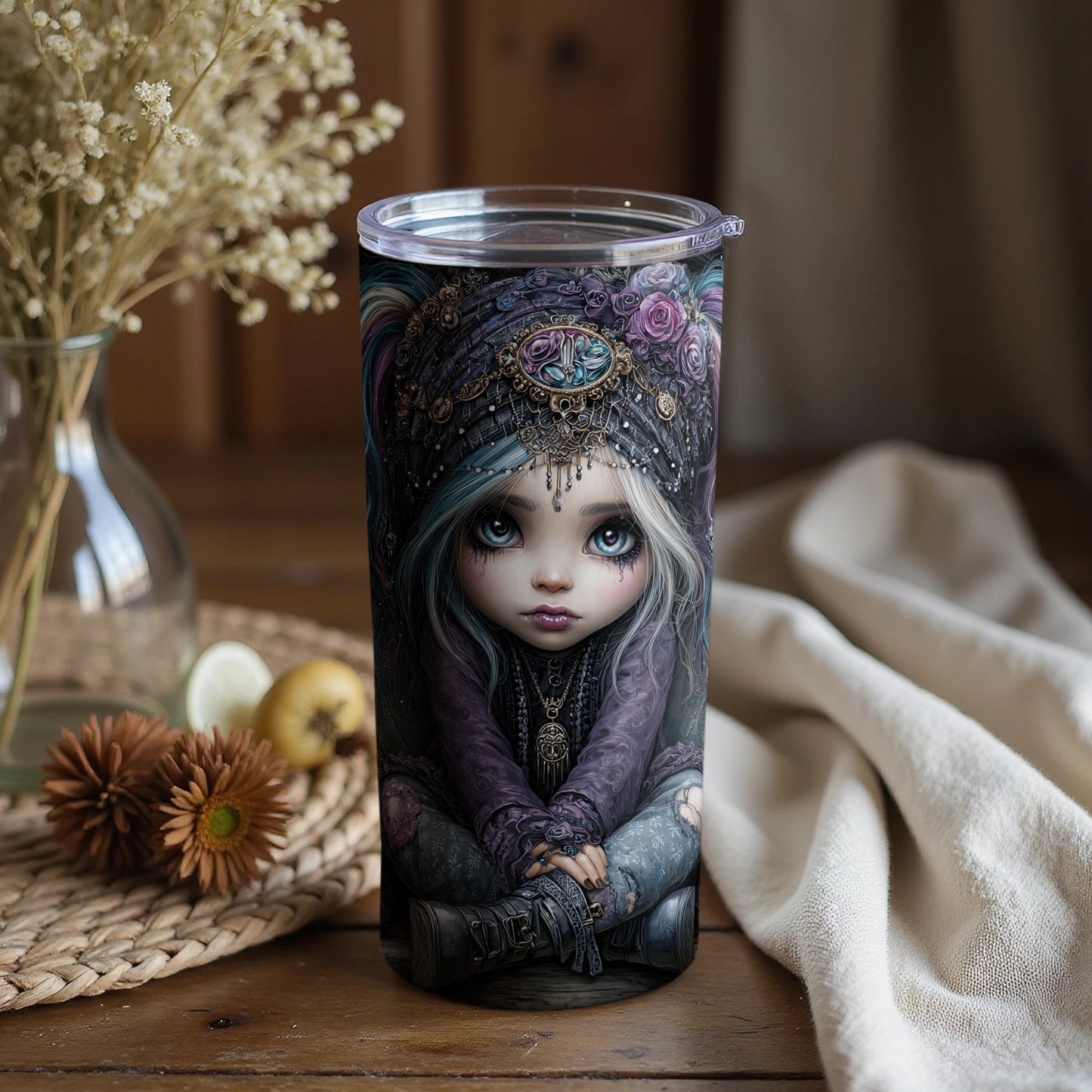 Cute Fantasy Girl Tumbler with Flowers and Jewelry
