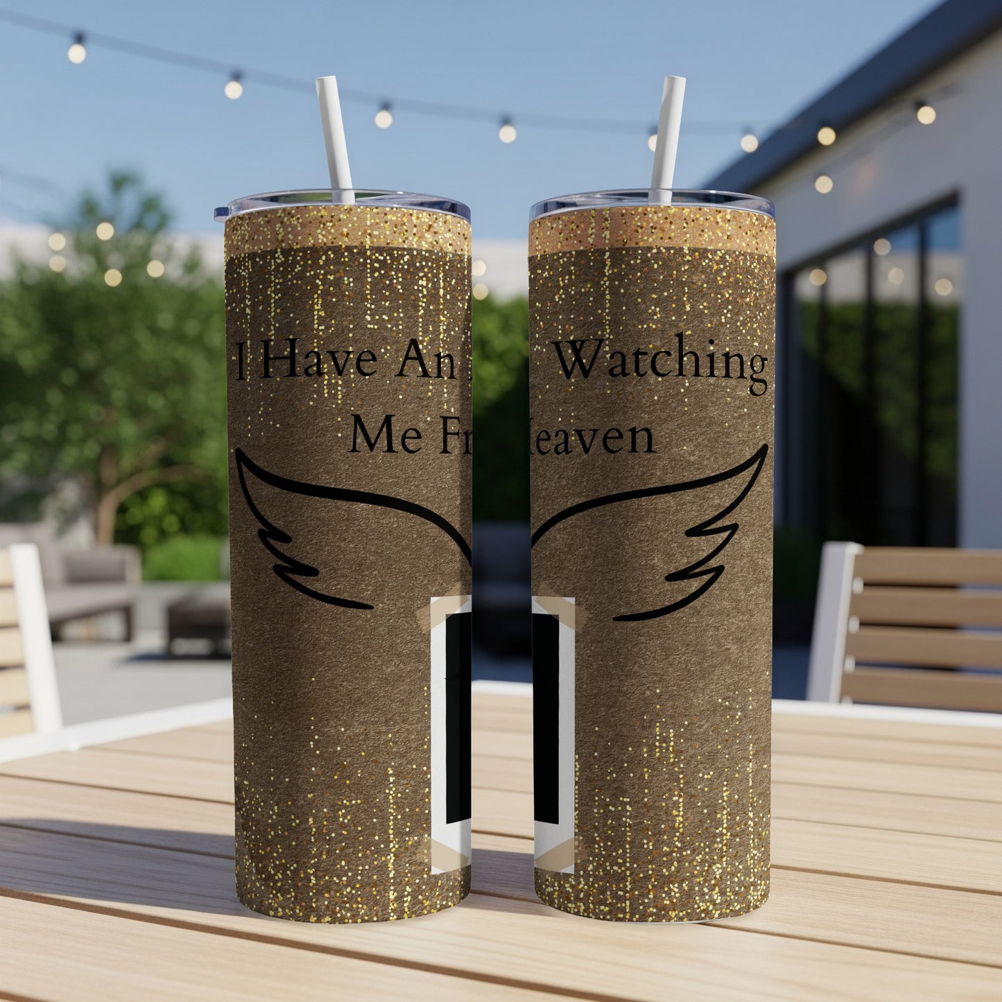 Two tumblers with brown glitter design and text "I Have An Angel Watching Me From Heaven".