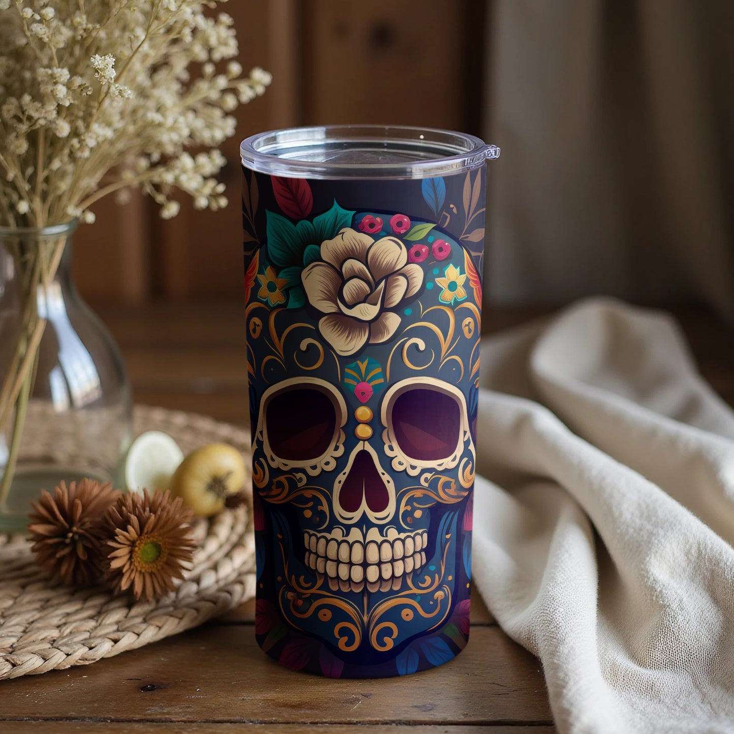 Vibrant Floral Skull Design Tumbler for Beverages
