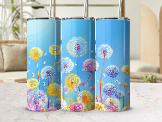 Three tumblers with dandelion designs on a patterned surface.
