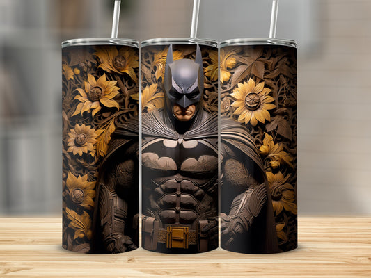 Floral Batman Design Tumbler With Sunflower Art