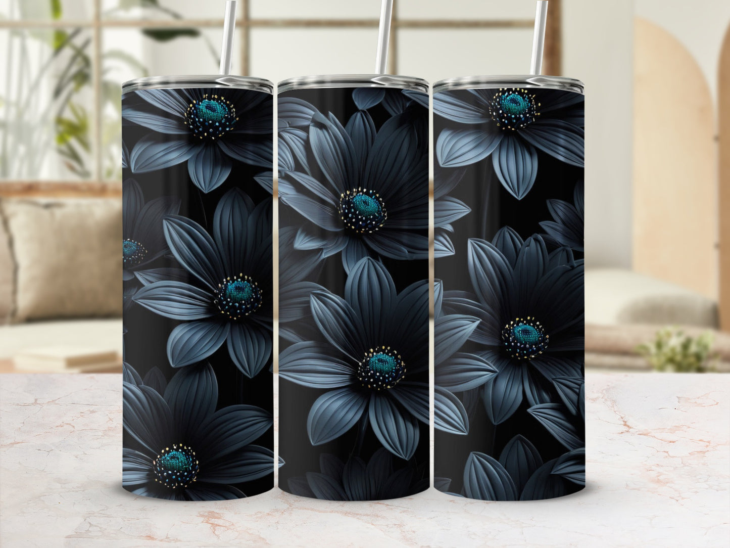 Three tumblers with dark blue floral designs and gold accents.