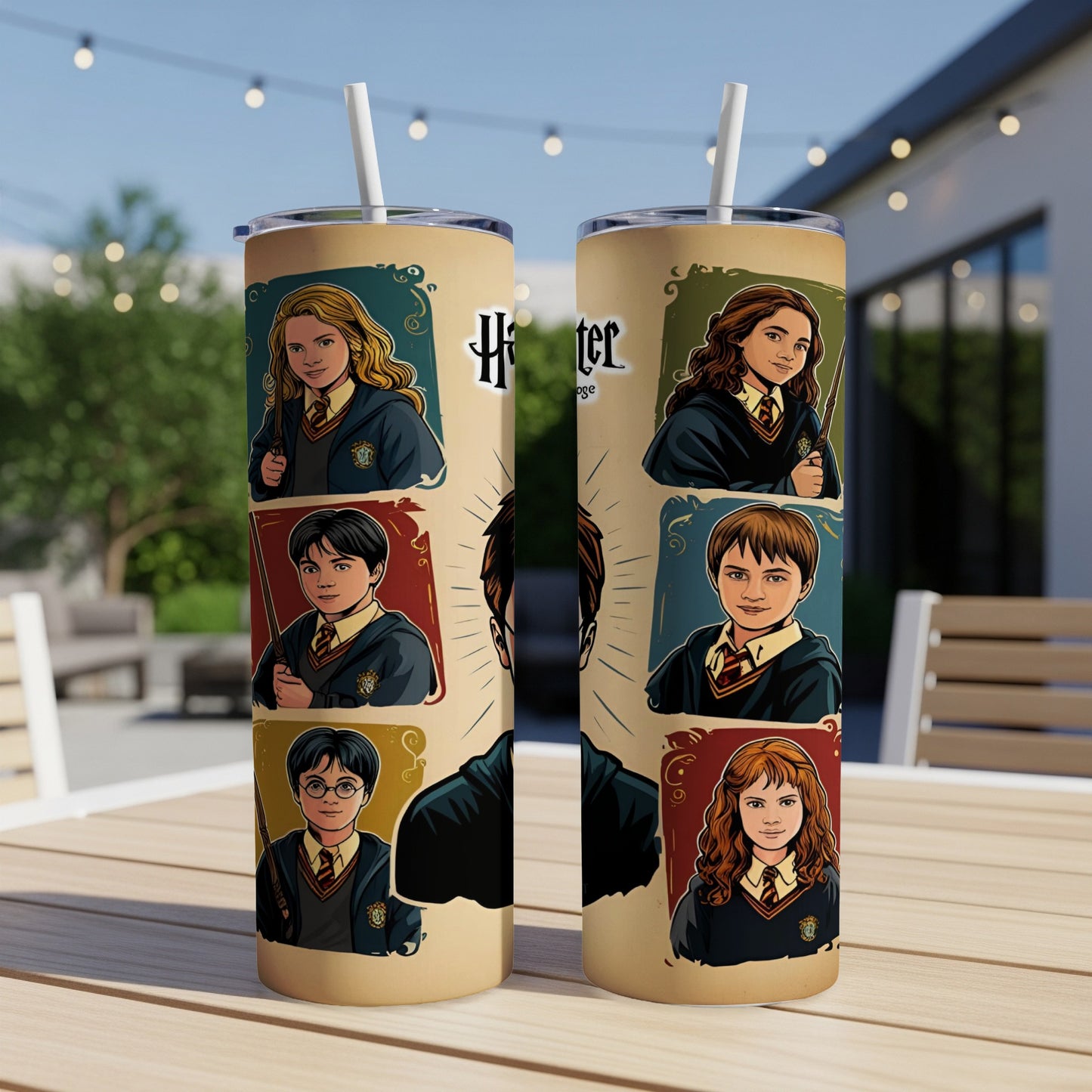 Harry Potter character portraits on a light tan tumbler with straw.