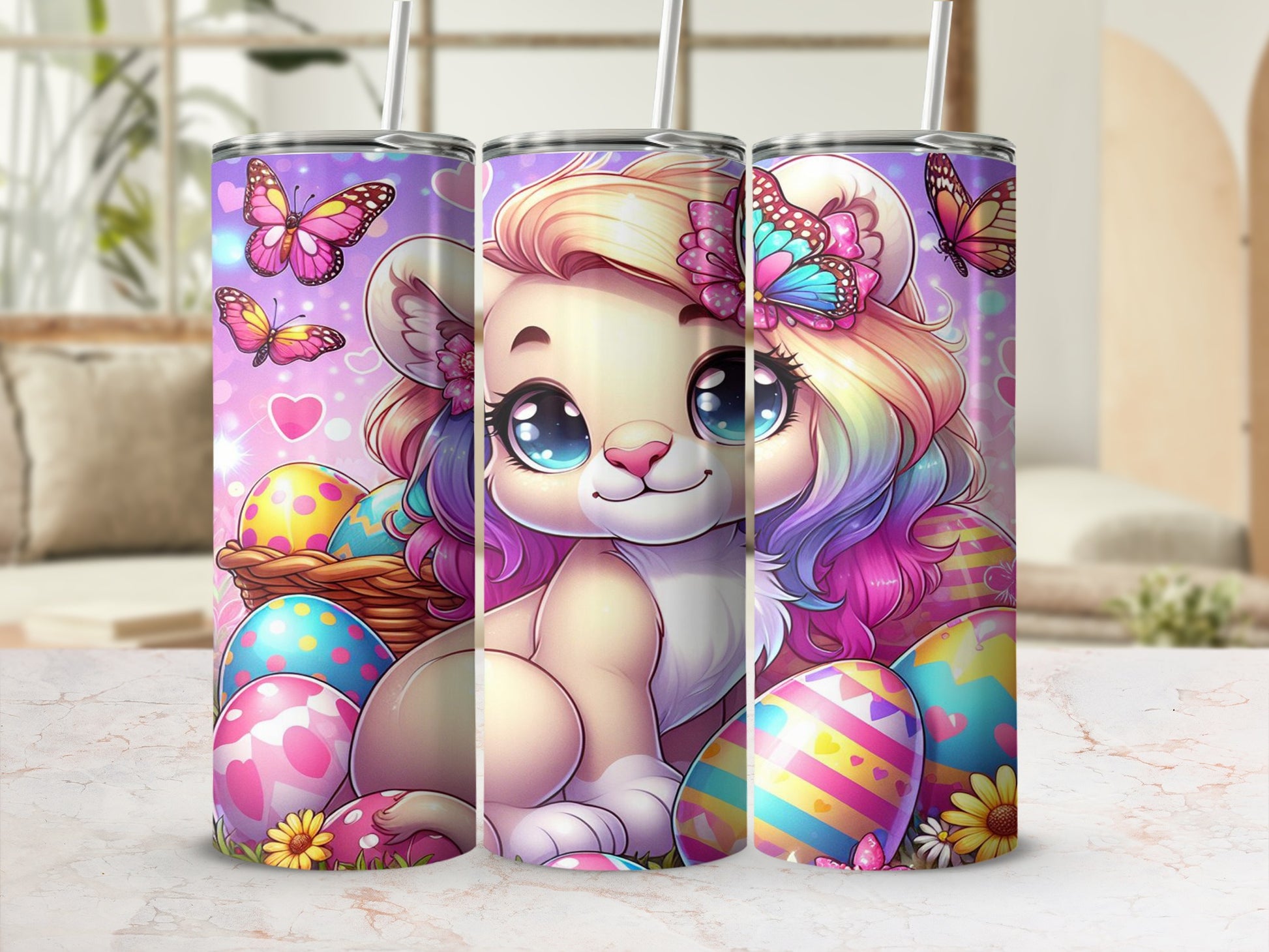 Cute cartoon lion cub with colorful mane and butterflies, surrounded by Easter eggs.