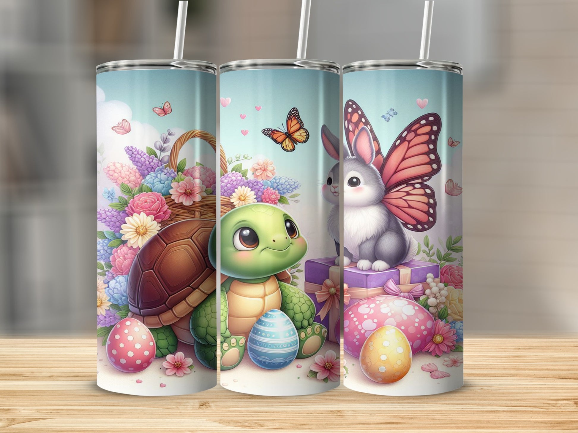 Easter turtle and rabbit with colorful eggs and butterflies.
