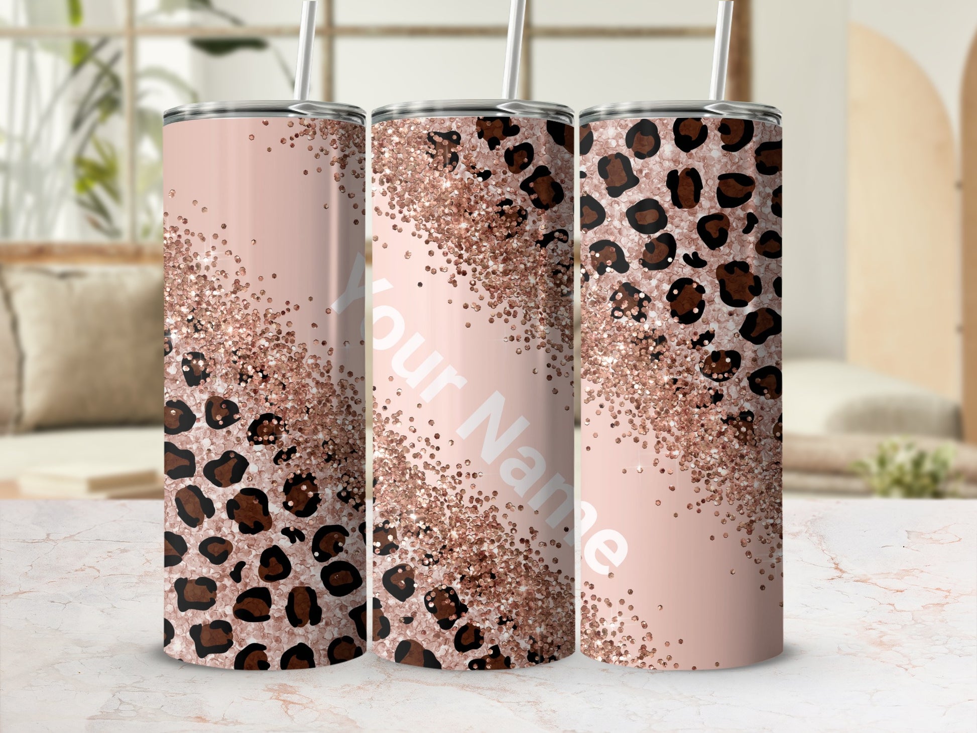 Personalized Name Glitter Leopard Print Tumbler Cup