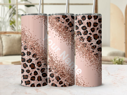 Personalized Name Glitter Leopard Print Tumbler Cup