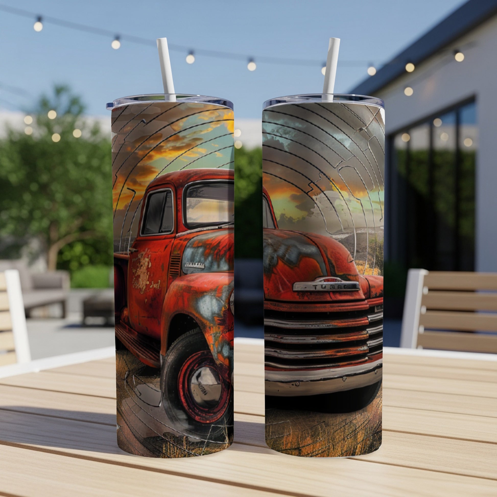 Rustic red distressed pickup truck on a wooden table, outdoor setting.