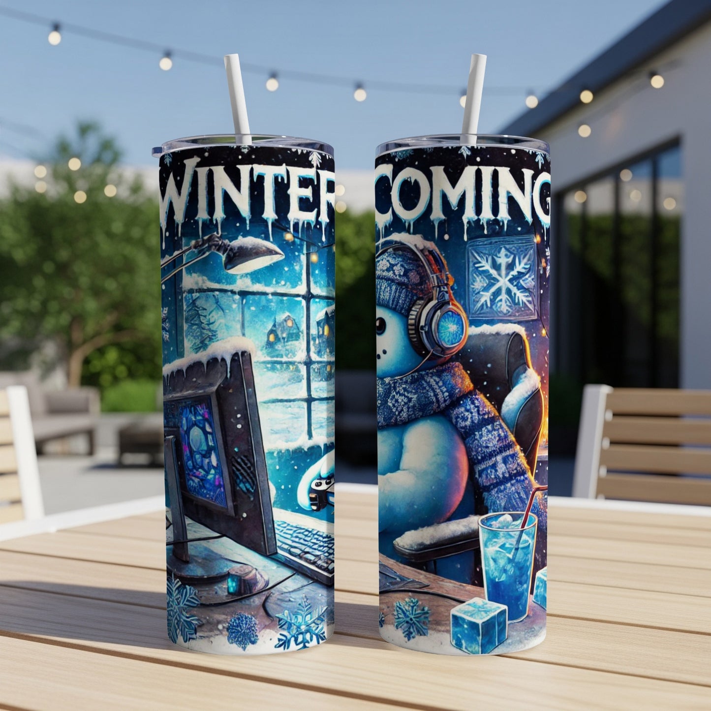 Snowman wearing headphones and scarf with "Winter Coming" text on a tumbler.