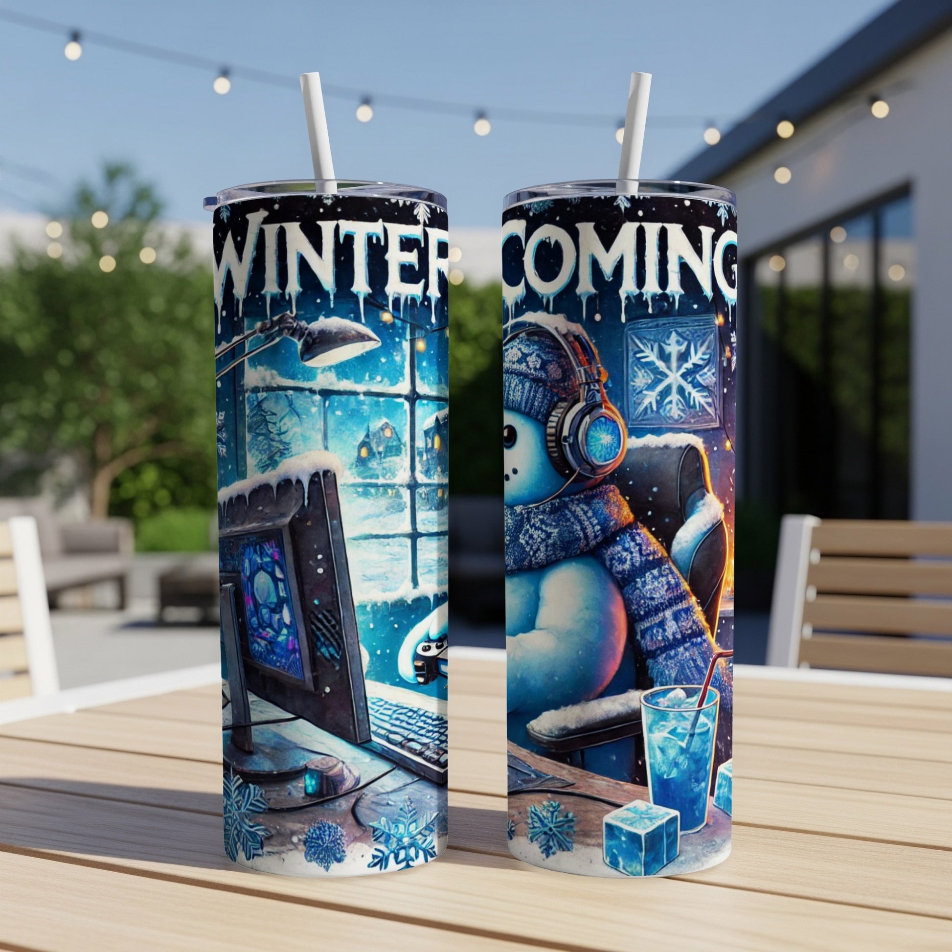 Snowman wearing headphones and scarf with "Winter Coming" text on a tumbler.