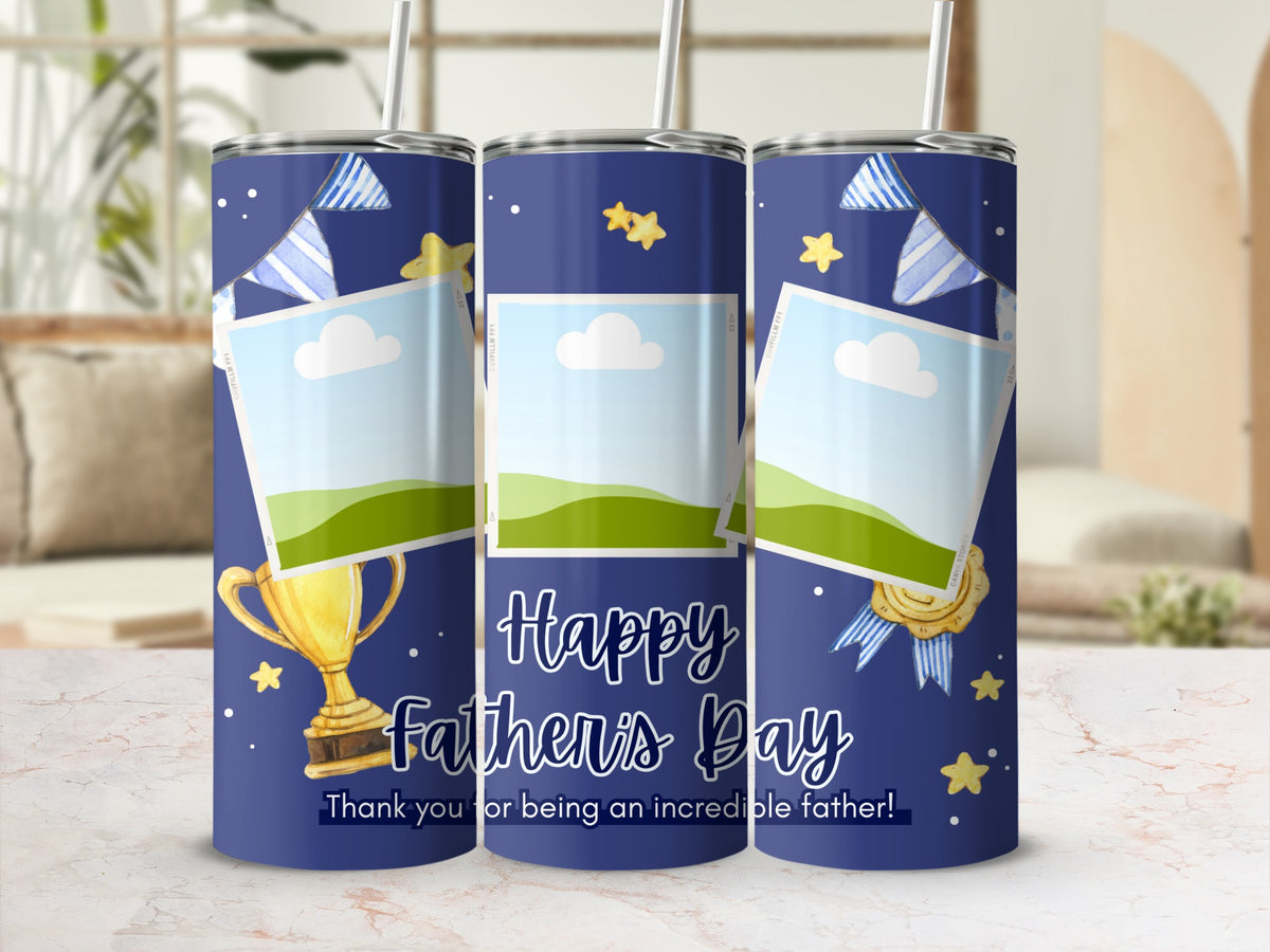 Tumbler design with "Happy Father's Day" text, trophy, and photo frames.