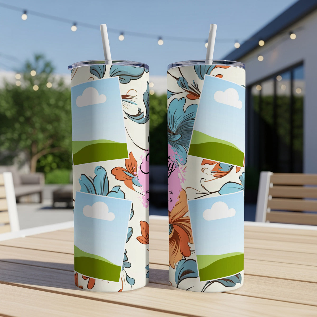 Two tumblers with floral patterns, photo overlays, and straws on a table.