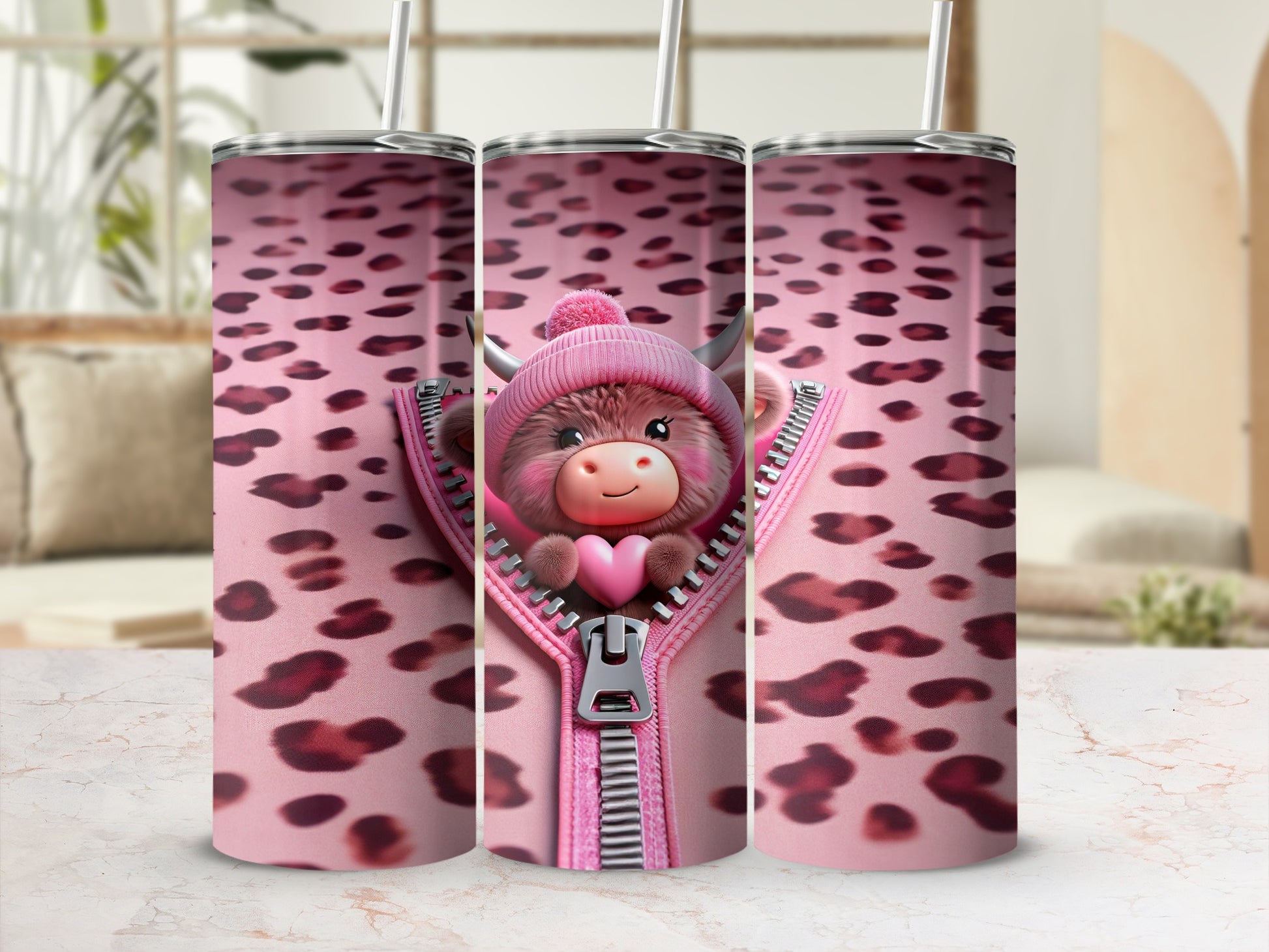 Pink tumbler with zipped design showing a cute cow wearing a beanie.