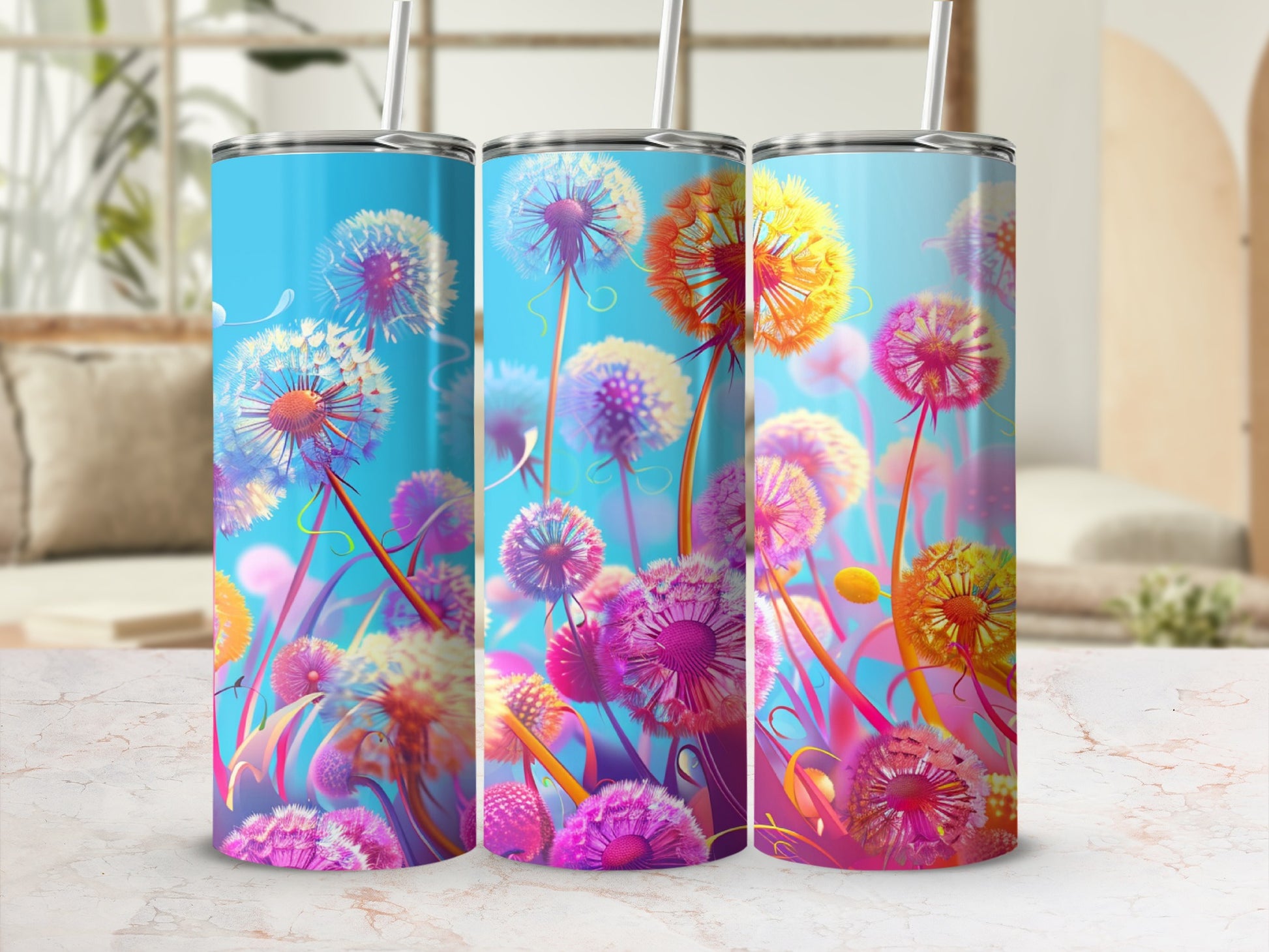 Three tumblers with dandelion illustrations in bright, vibrant colors.