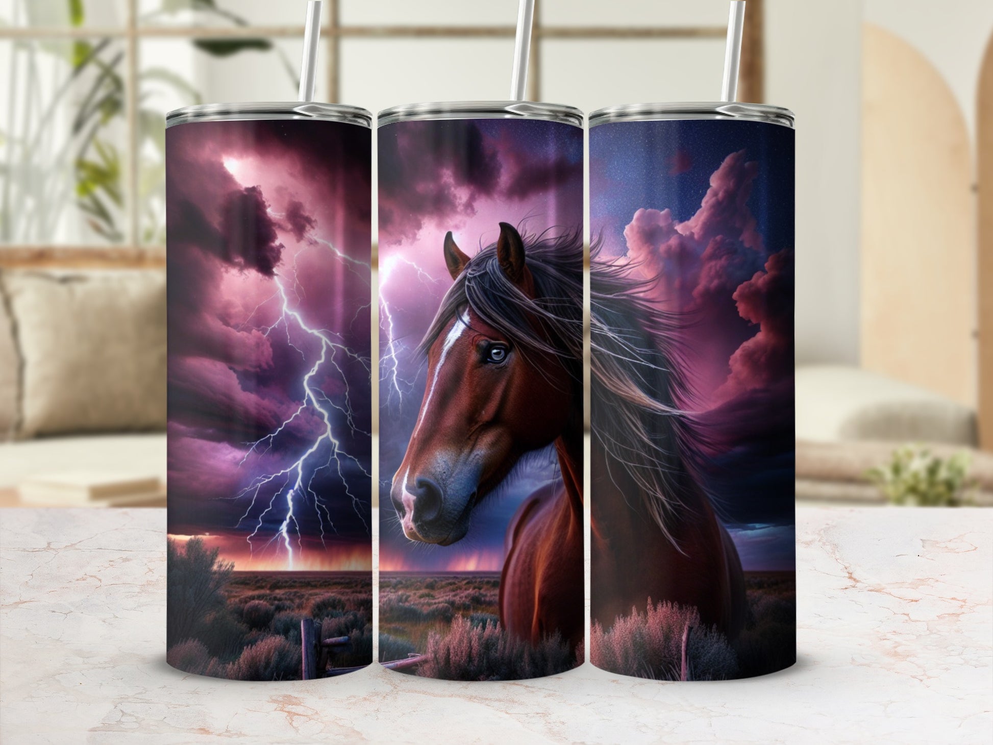 Brown horse with a flowing mane against a stormy, lightning-filled sky.