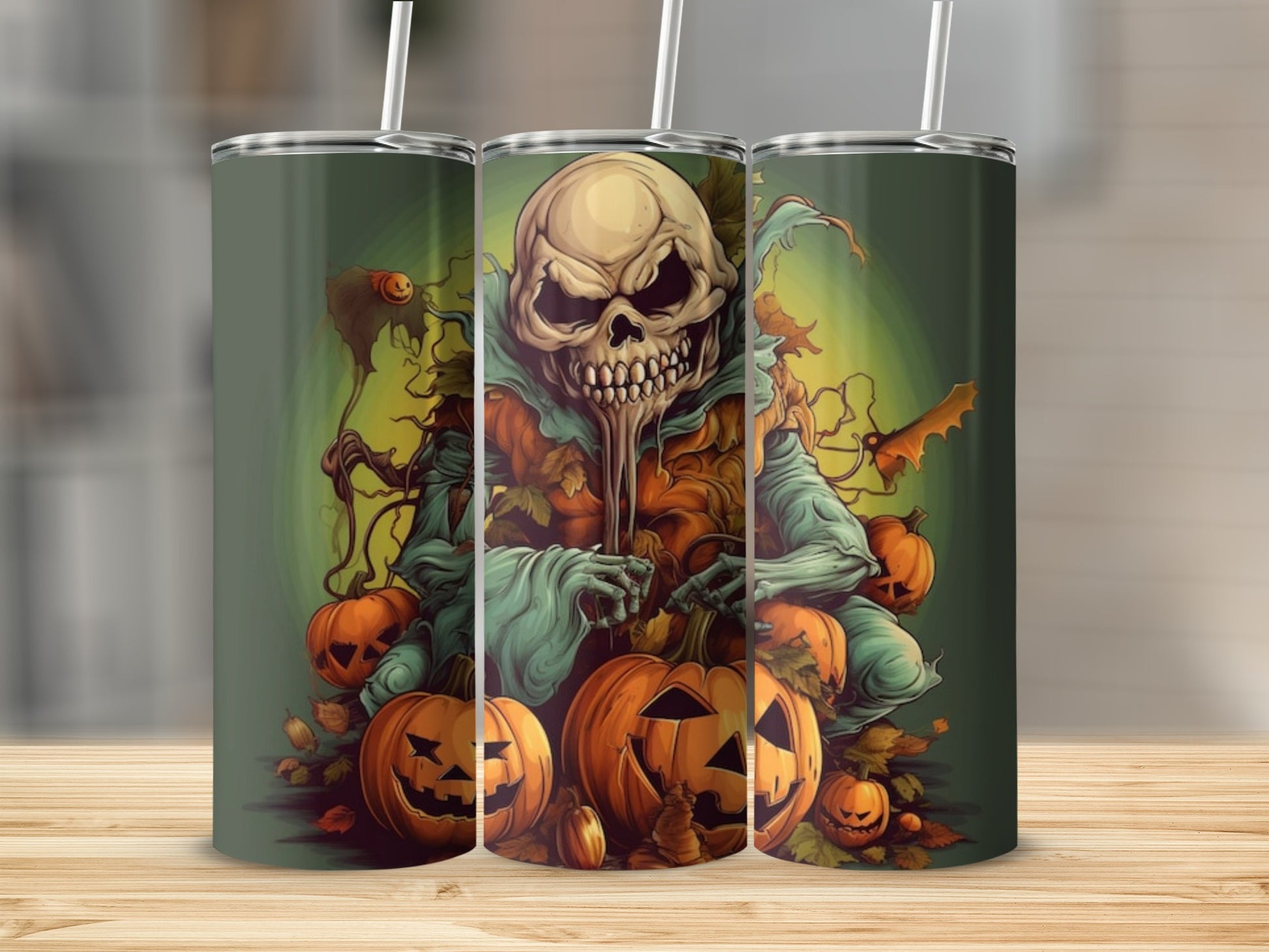 Halloween tumbler with skull, pumpkins, and falling leaves design.