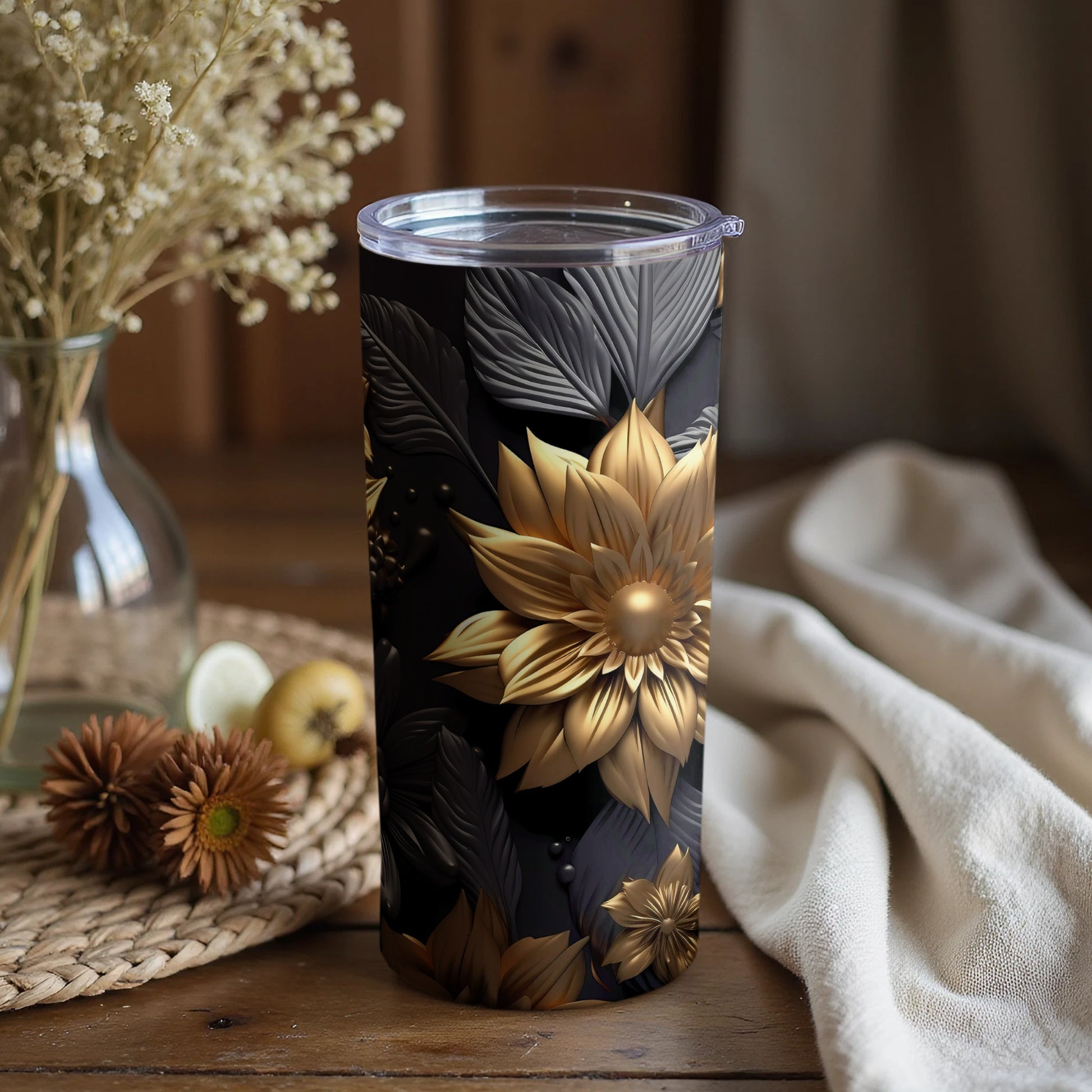 Elegant Gold Flower Design Insulated Tumbler Cup