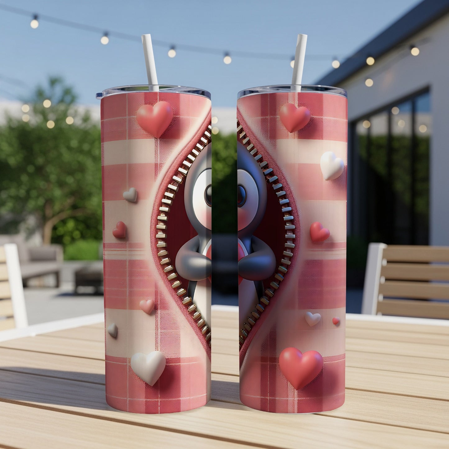 Pink plaid tumbler with hearts and cartoon penguin design.