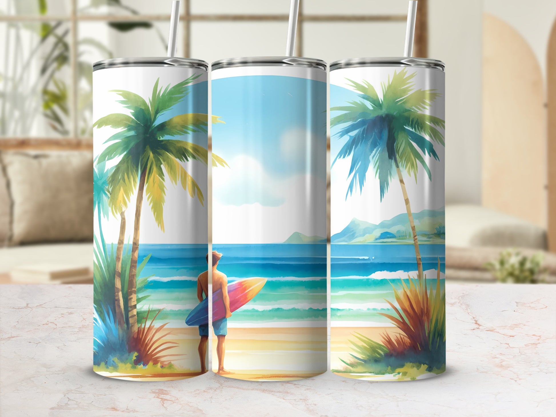 Three tumblers with beach sunset scene featuring palm trees and ocean waves.