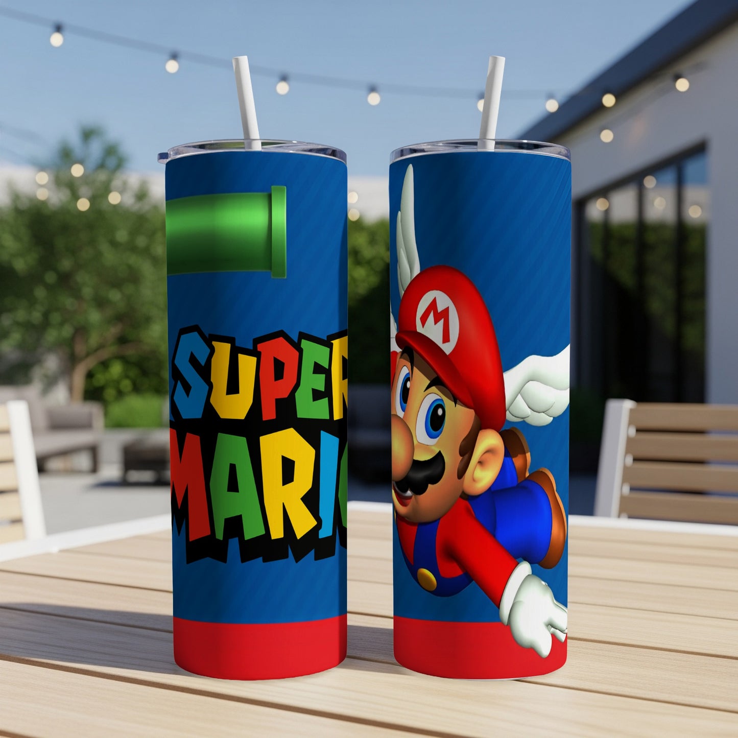 Super Mario character with wings on a blue striped tumbler with a green pipe.