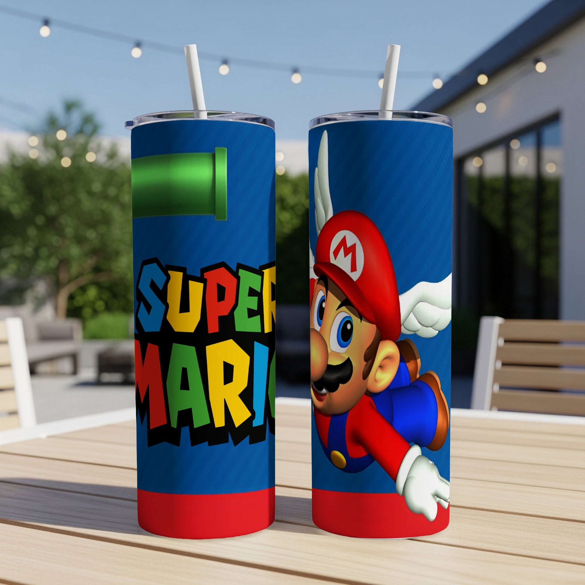 Super Mario character with wings on a blue striped tumbler with a green pipe.