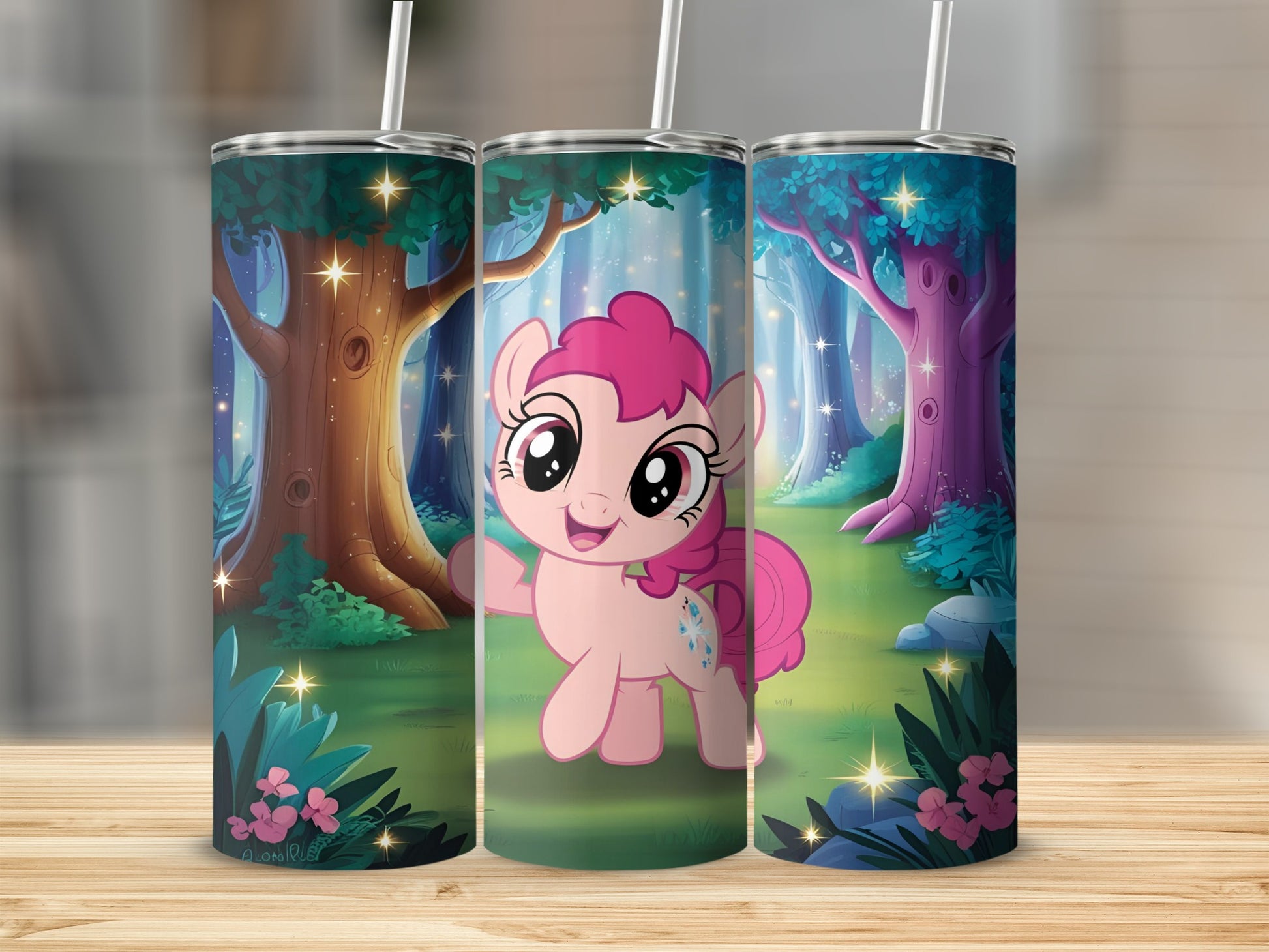 Pink Pony character with pink hair and tail, surrounded by magical forest scene.