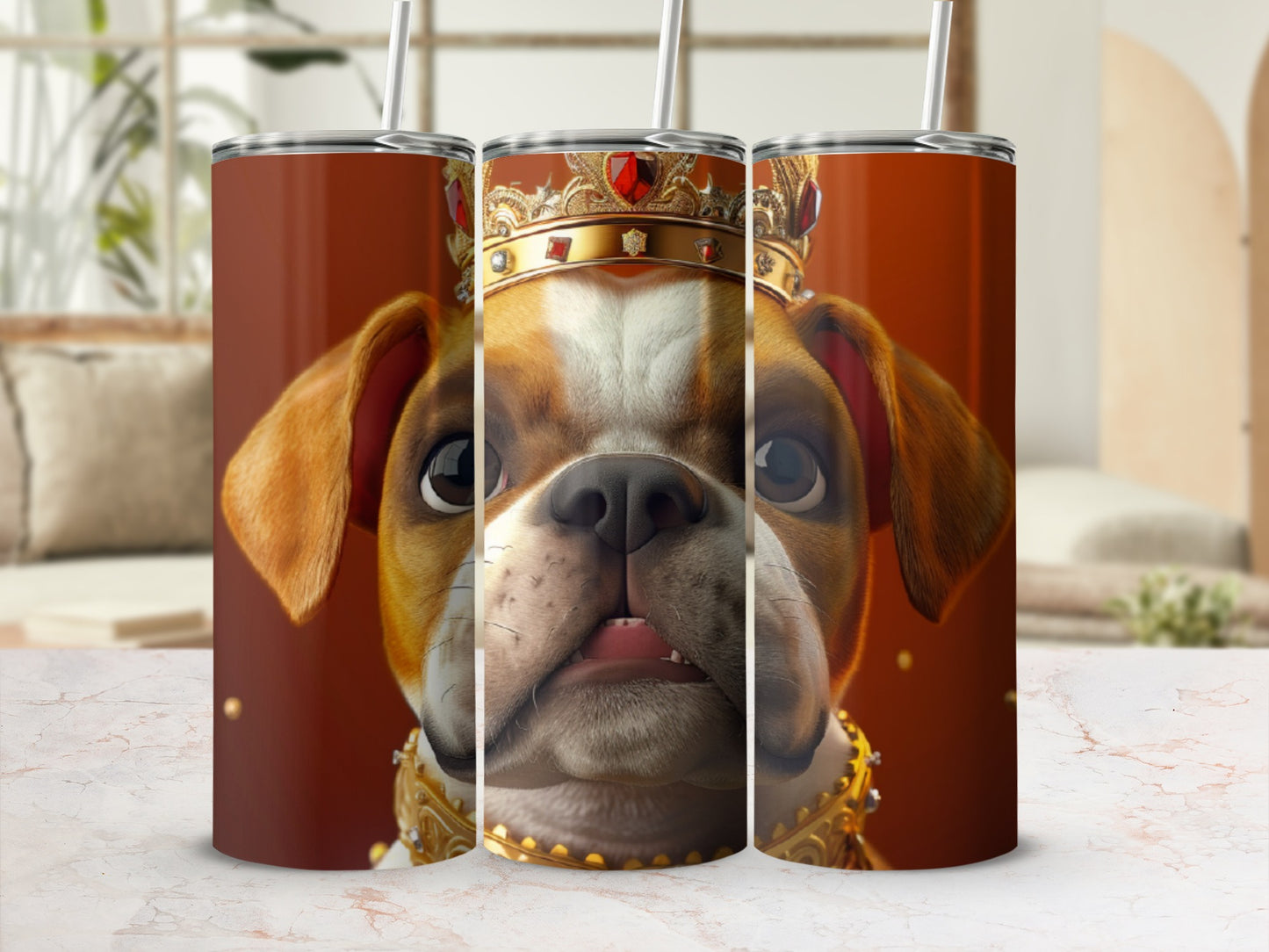 Boxer dog wearing a crown and collar, presented on a tumbler.