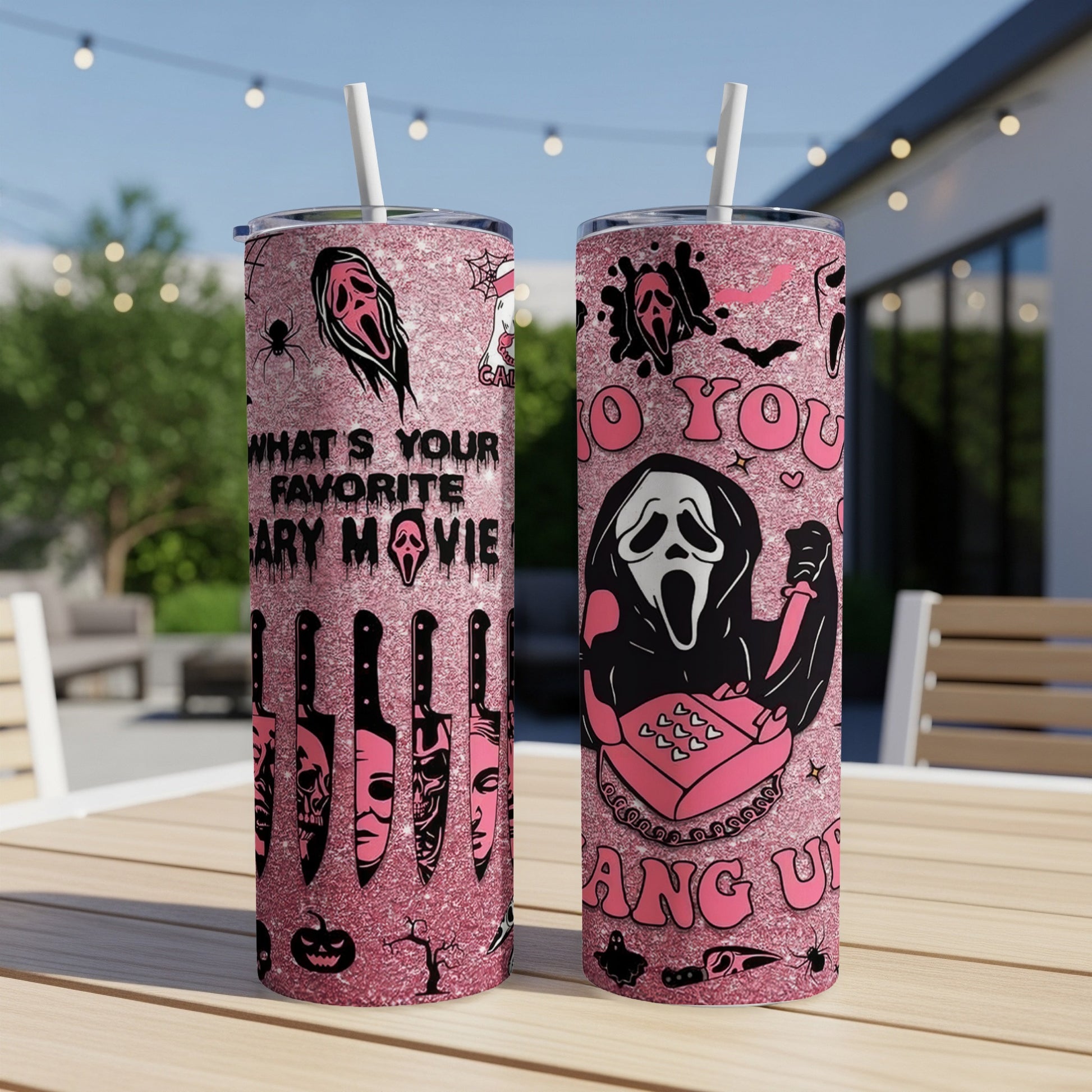 Two pink glitter tumblers with horror movie imagery and text.