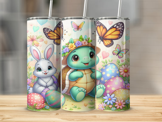 Bunny and turtle with Easter eggs and butterflies.