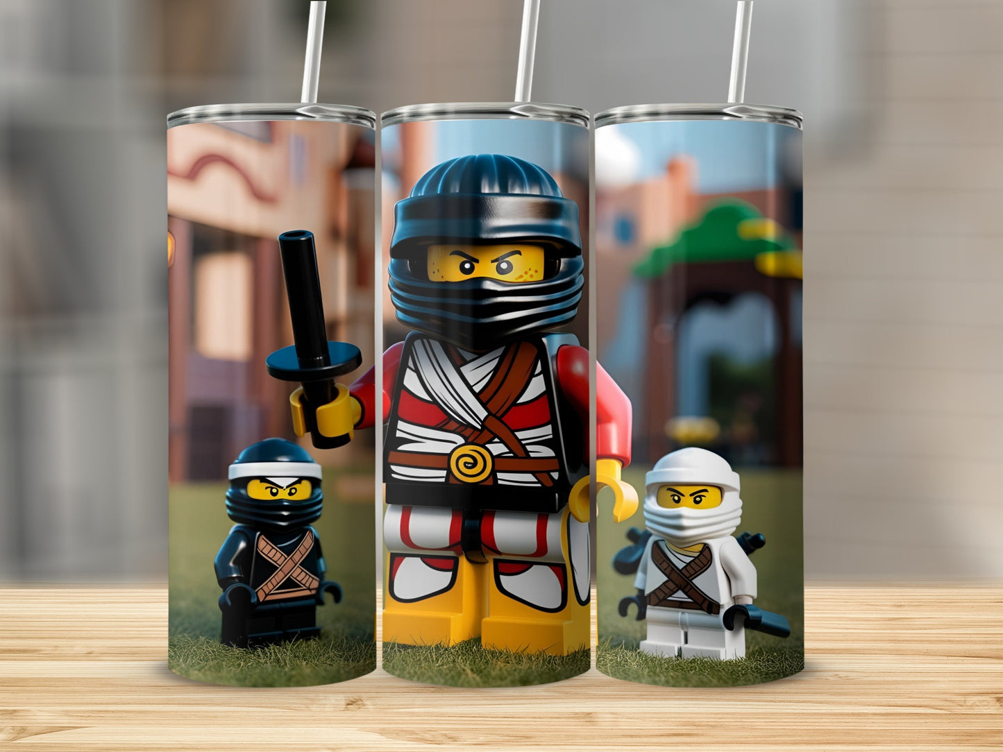 Three Lego Ninjago figures in colorful outfits standing on grass.