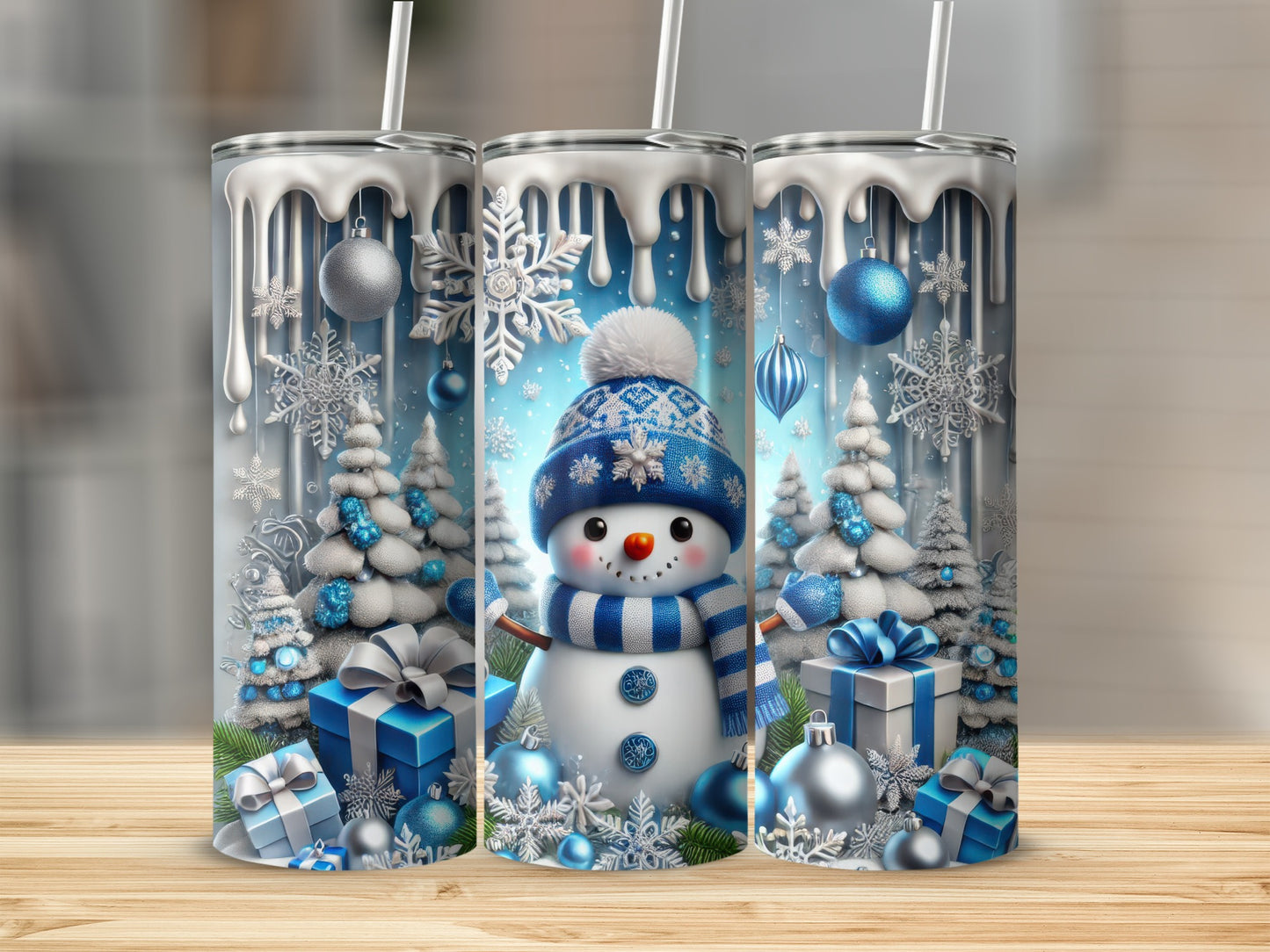 Festive Snowman and Gifts with Snowflakes Tumbler