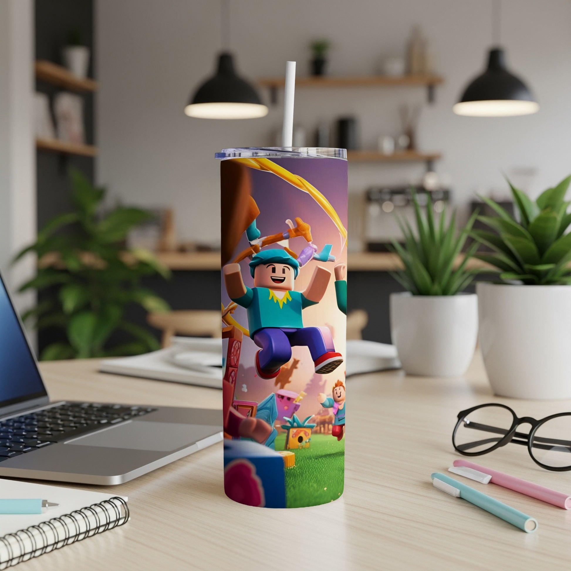 Roblox characters with a tumbler on a desk with a laptop and plant.
