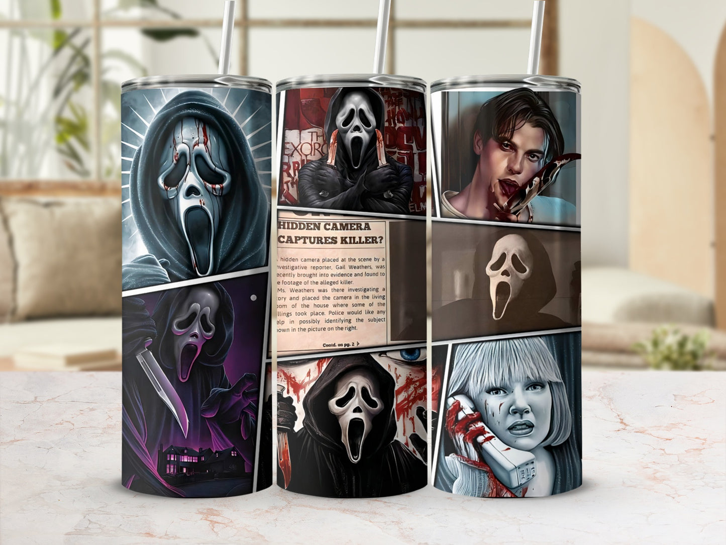 Scream mask characters and newspaper headline with blood details.