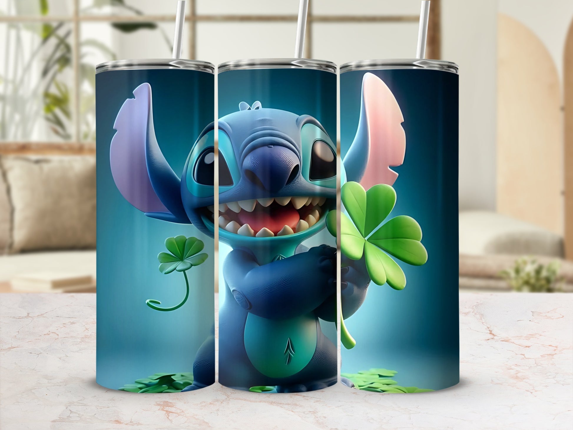 Adorable Blue Cartoon Character Tumbler with Shamrocks