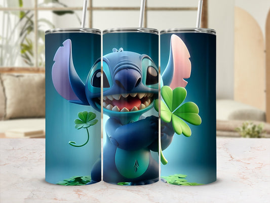 Adorable Blue Cartoon Character Tumbler with Shamrocks