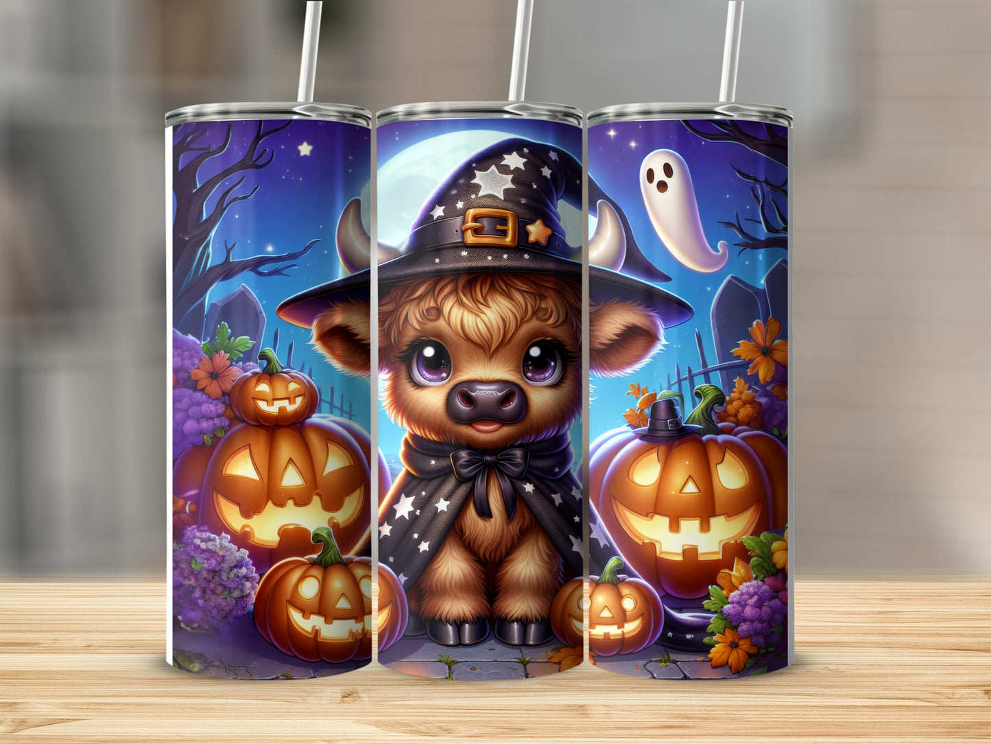 Cute cow in witch hat surrounded by pumpkins and ghost.