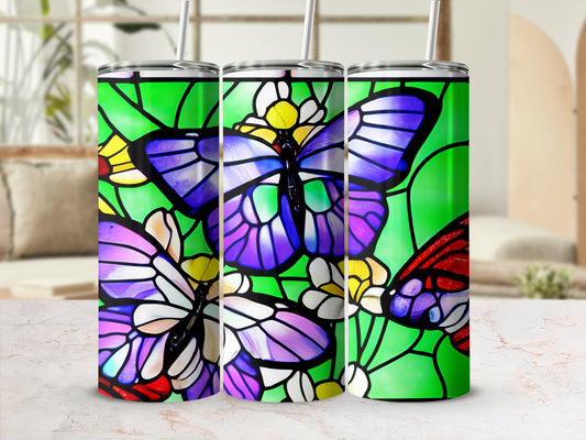 Three tumblers with stained-glass butterflies and flowers design.