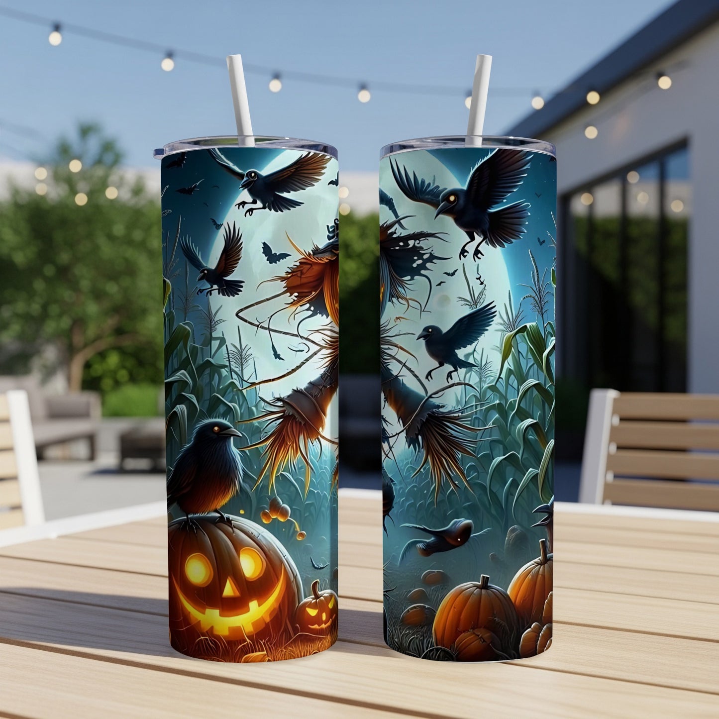 Two tumblers with a Halloween scene featuring crows, pumpkins, and a cornfield under a full moon.