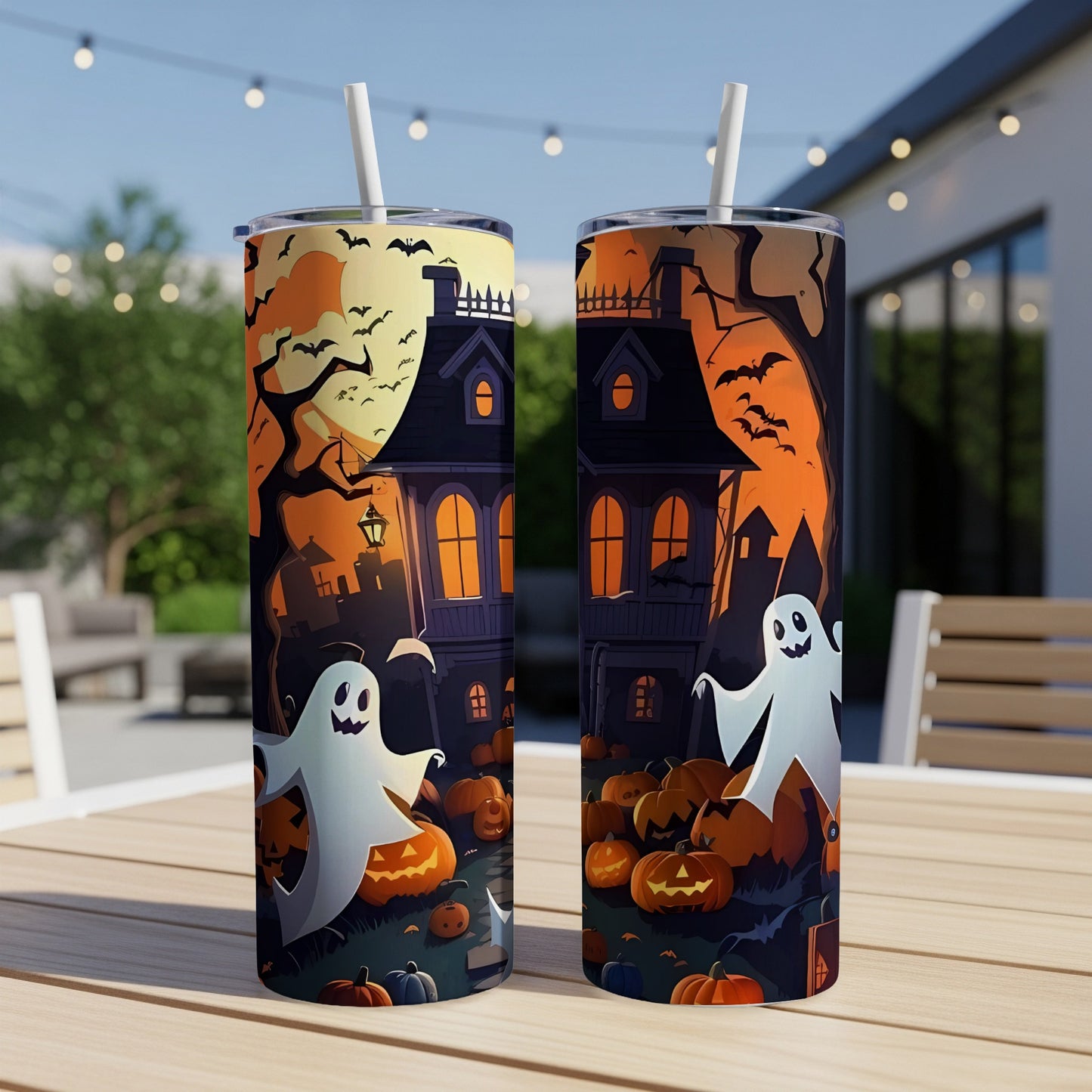 Two tumblers with Halloween haunted house, ghost, and pumpkin designs.