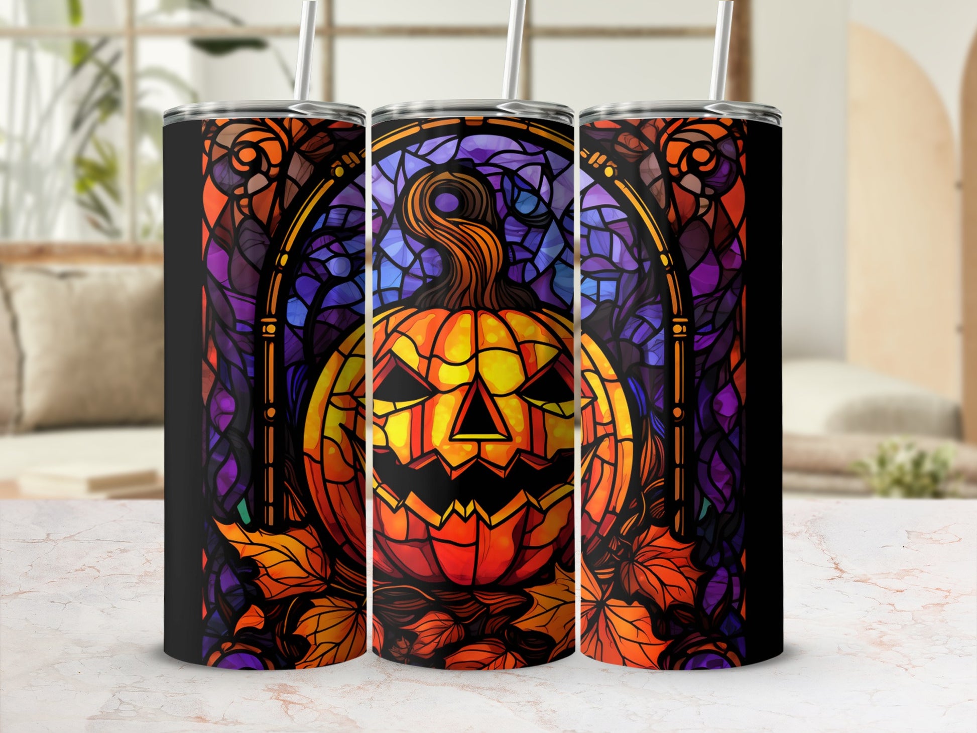 Tapered tumbler with stained glass jack-o'-lantern and autumn leaves design.