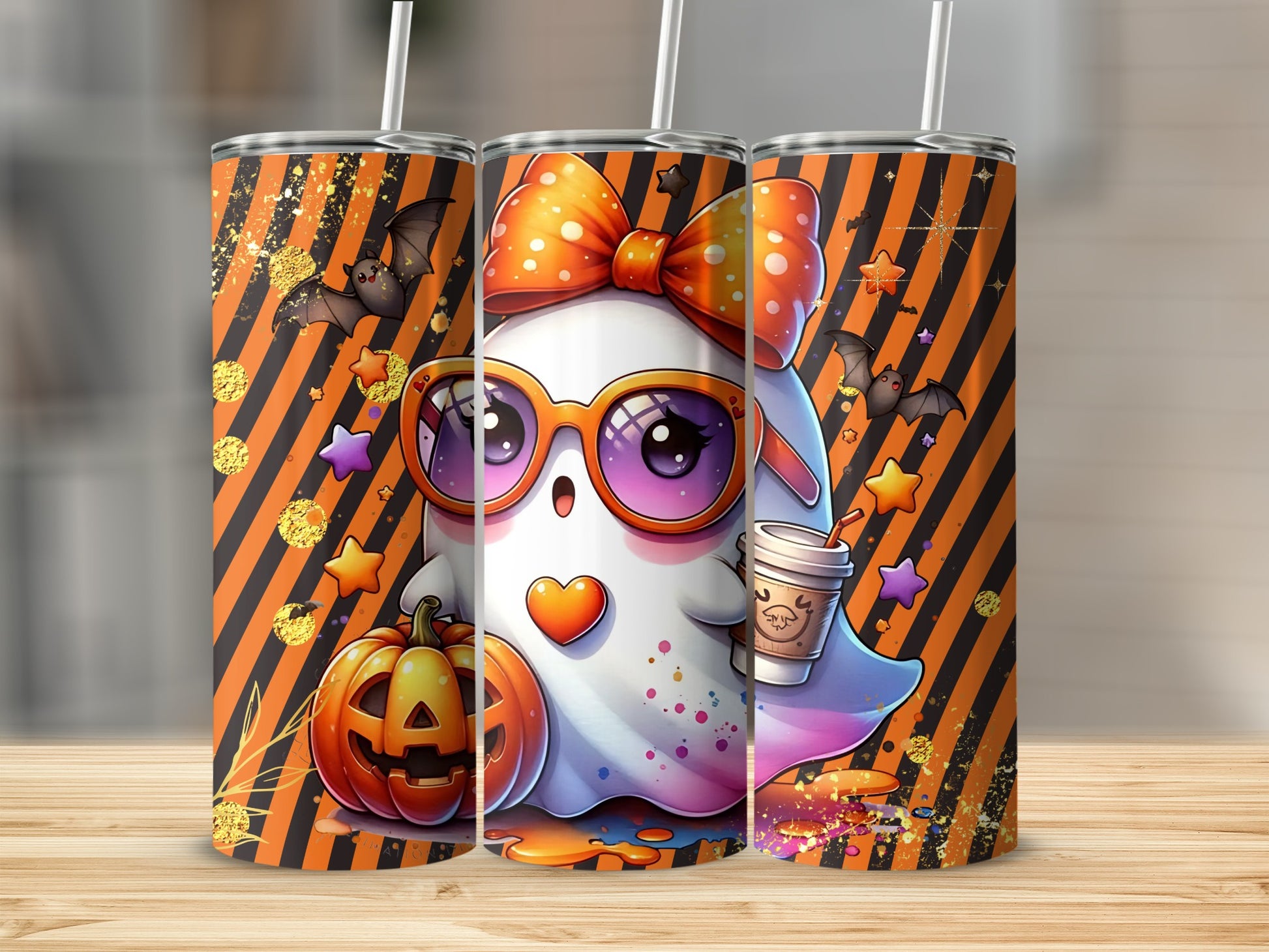Cute Ghost Halloween Tumbler with Bats and Pumpkin Design