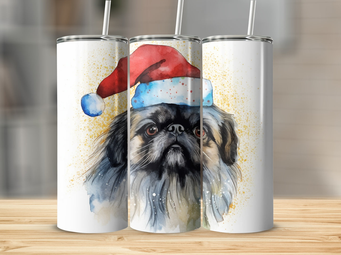 Pekingese dog wearing a Santa hat, watercolor illustration on three tumblers.