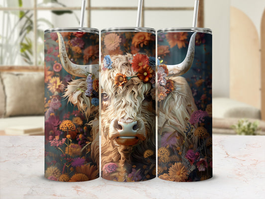 Highland cow with floral wreath, surrounded by colorful flowers.