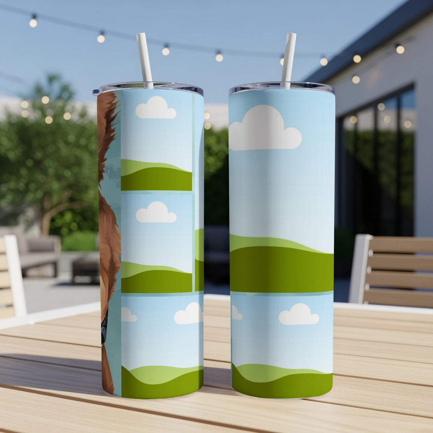 Two tumblers with a brown dog and blue sky landscape design.