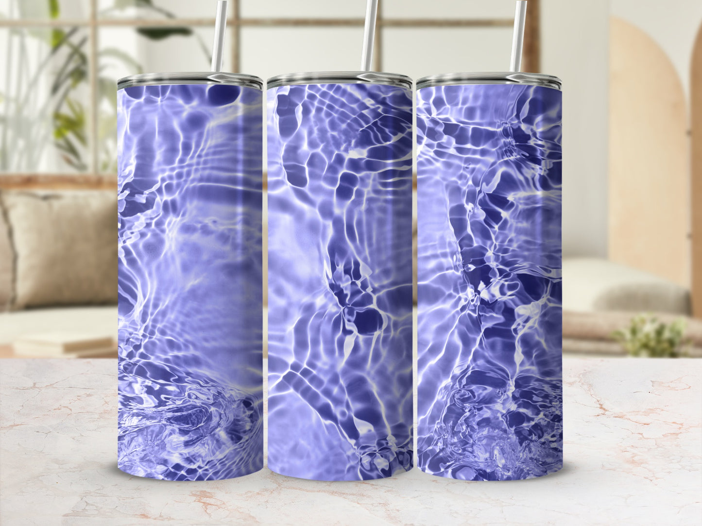 Three tumblers with a blue water ripple pattern.