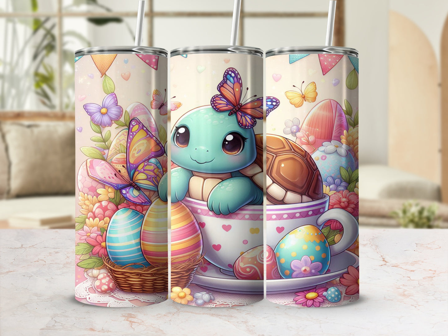 Cute cartoon turtle in a teacup with Easter eggs and butterflies.