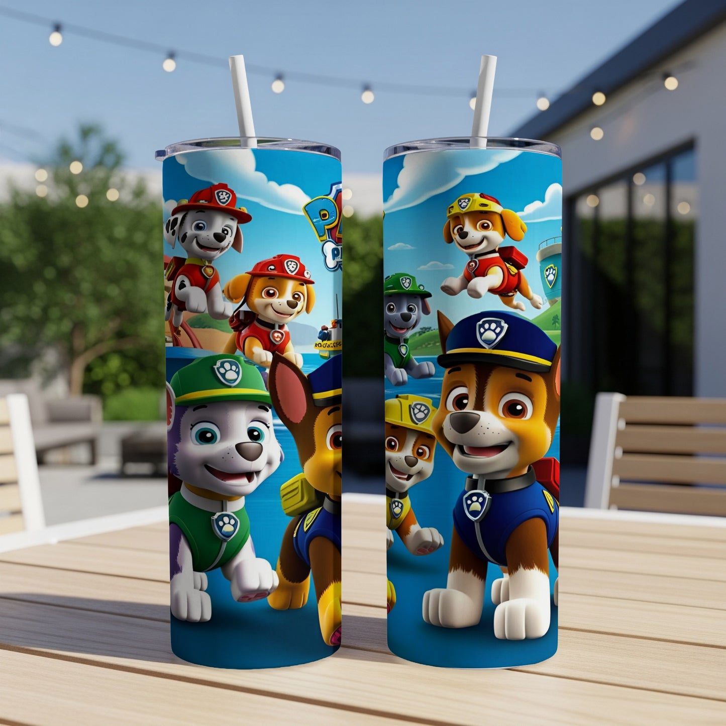 Paw Patrol characters Ryder, Chase, and Marshall on blue tumblers with outdoor background.