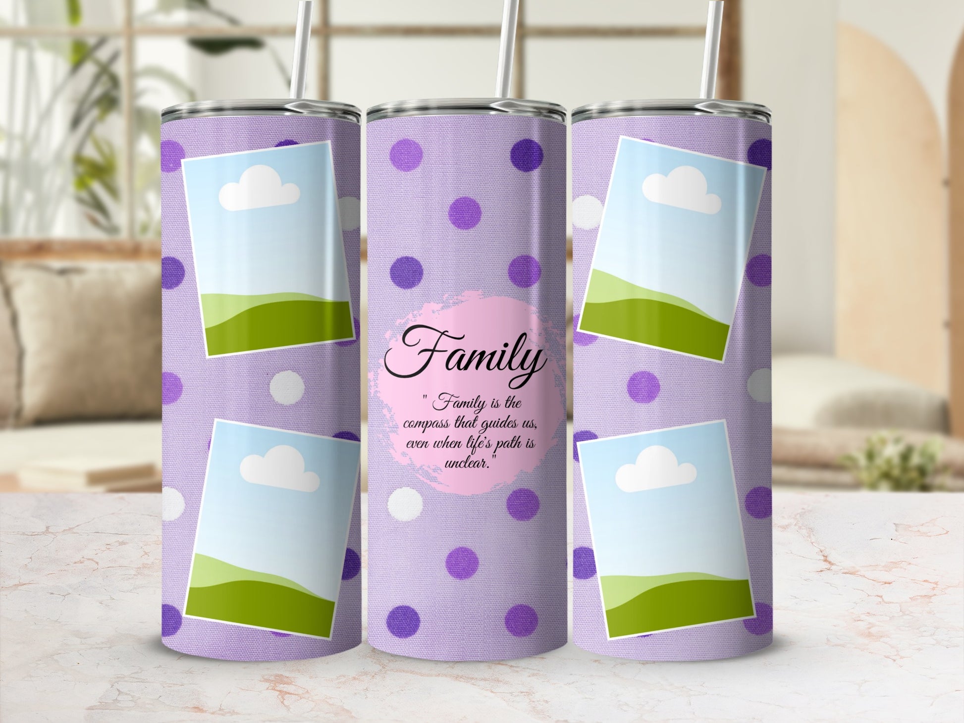 Purple polka dot tumbler with photo frames and quote "Family is the compass".