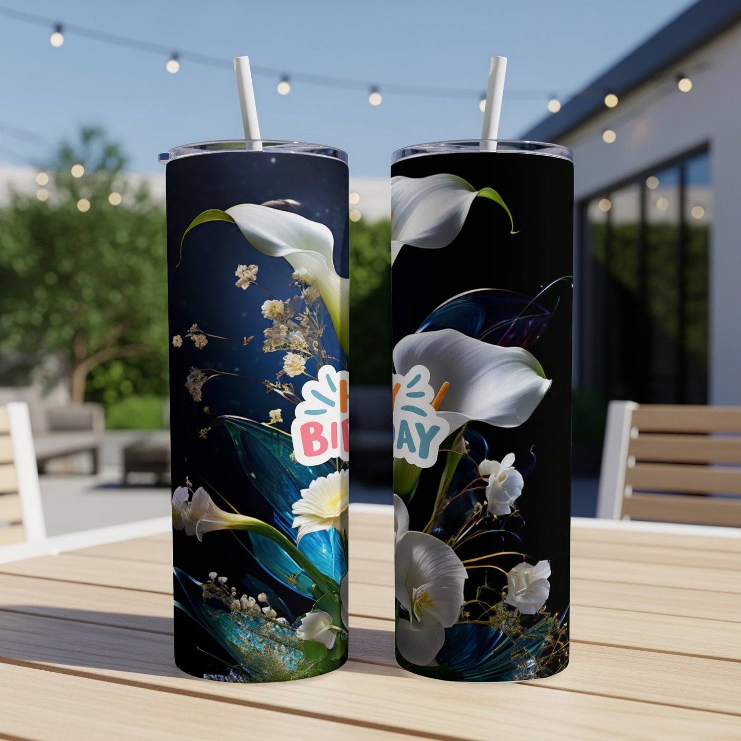 Two tumblers with white calla lilies and a "Happy Birthday" message.