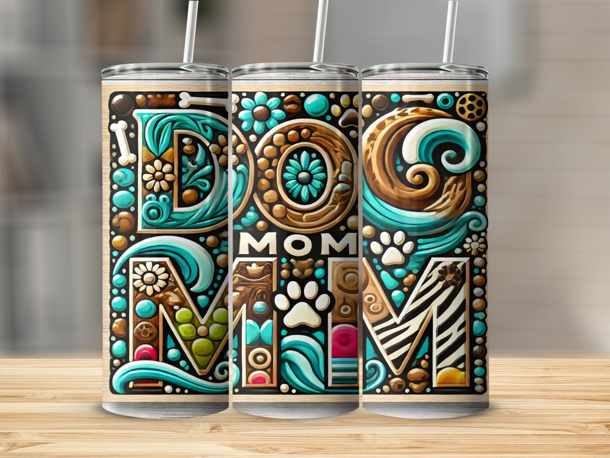 Colorful Dog Mom Tumblers with Intricate Designs